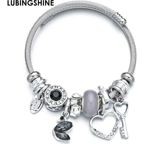 Fashion Crystal Swan Pendant Stainless Steel Bracelet&Bangle Love Heart Key Charms Bracelet for Women Girls Adjustable Jewelry