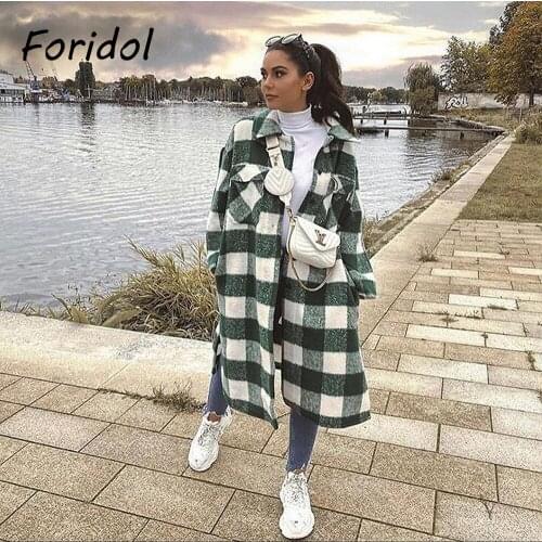 Foridol Plaid Trench Coat Women Autumn Winter Pockets Casual Vintage Long Coat Jacket Green Checked Thick Coat 7 Colors 2021