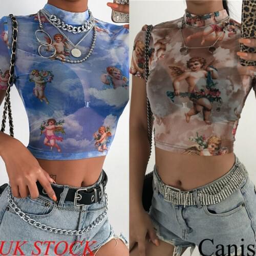 Women See through Floral Angel Sheer Crop Mini Top Fasion Women Transparent Print Sheer Crop Mini Top Skinny Women Clothing