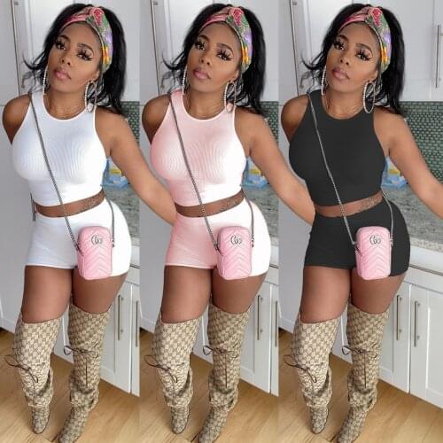 Womens Summer Knitted Rib Solid Black White Pink 2 Piece Outfits Casual Sleeveless Tank Crop Top + Biker Shorts Suit Set Women
