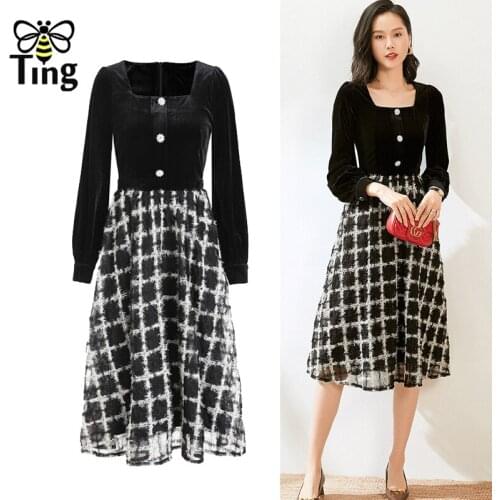 Tingfly Spring Autumn Button Decor Black Plaid Velvet A Line Dress Vintage Square Collar Street Casual Women Dress Vestidos Za