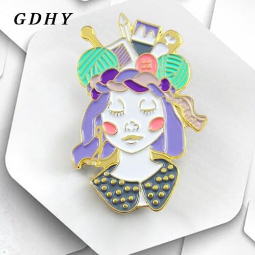 GDHY Craft Queen Beautiful Girl Hard Enamel Pin Brooch Fun Shiny Knitters Purple Hair Girl Pins Badge Lapel Backpack Jewelry