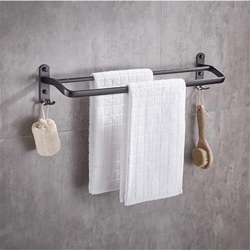 19.68 Inch Double Towel Bar Rack with Hooks for Bathroom Dual Towel Bar Bathroom Towel Rod Space Aluminum Matt Black Storage
