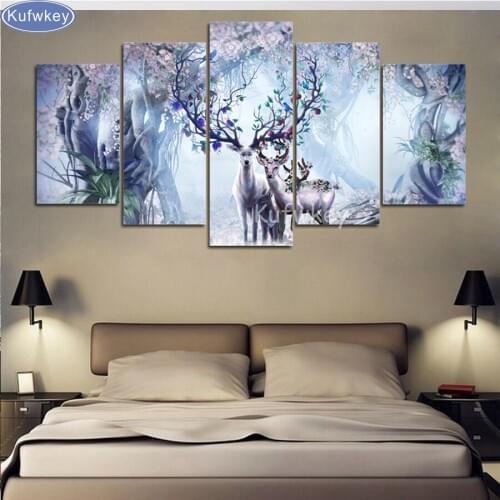 Full diamond embroidery diy dream deer family diamond painting cross stitch nature picture wall sticker christmas painting 5 pcs