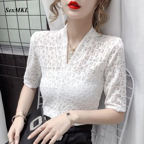 Hollow Out Summer Lace Blouses Womens 2021 Fashion Streetwear Transparent White Ladies Tops Korean Slim Sexy Black Blouse XXL