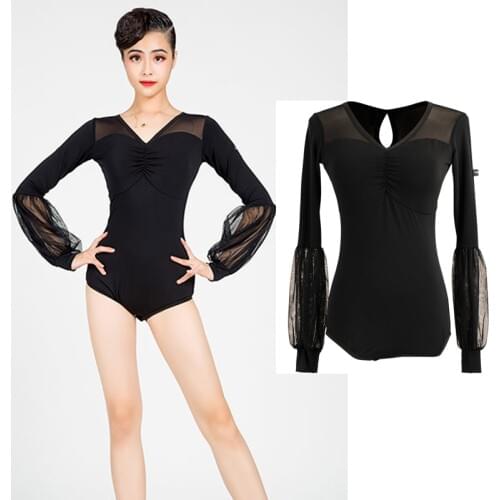Sexy Bodysuit Latin Dance Costumes Mesh Long Sleeve Shirts Tops For Women Cha Cha Rumba Samba Tango Competition Dresses DQS3270