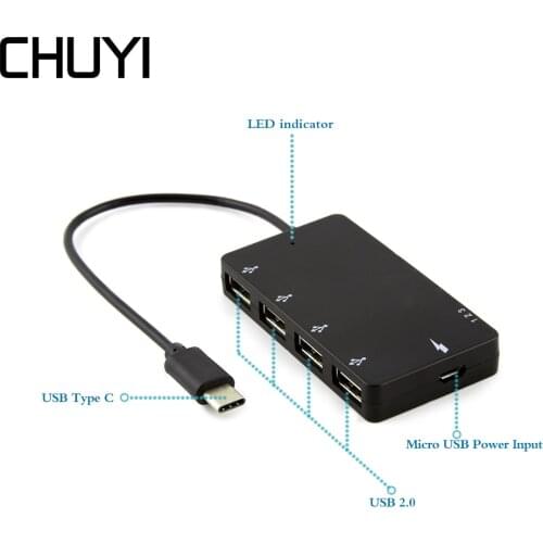 CHUYI 4 in 1 USB Type C HUB to 4 Ports USB 2.0 Hub Splitter Adapter + OTG Micro USB Charging Port For Notebook Tablet Smartphone