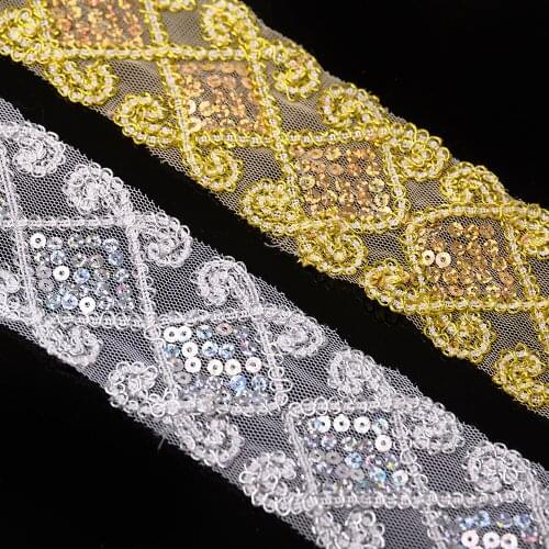Cusack 3 yards 6 cm Sequins Lace Trim Ribbon for Dress Dance Clothes Garment Home Textiles DIY Crafts Sewing Gold Lace Fabric