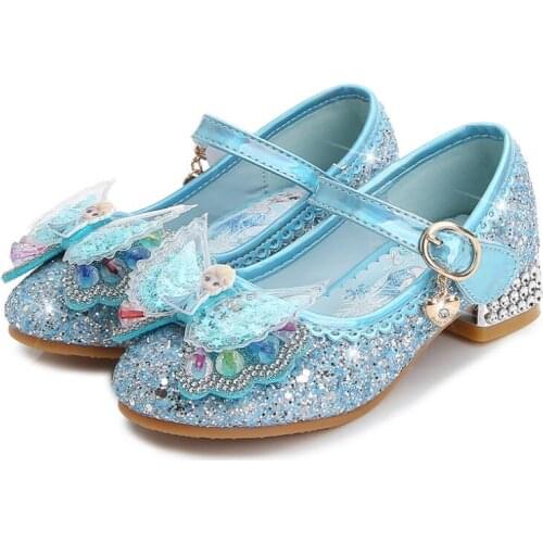 Disney Girls Wedding Shoes Glitter New Brand High Heels Children Elsa Princess Sandals Dance Kids Fashion Party Shoes with Bow