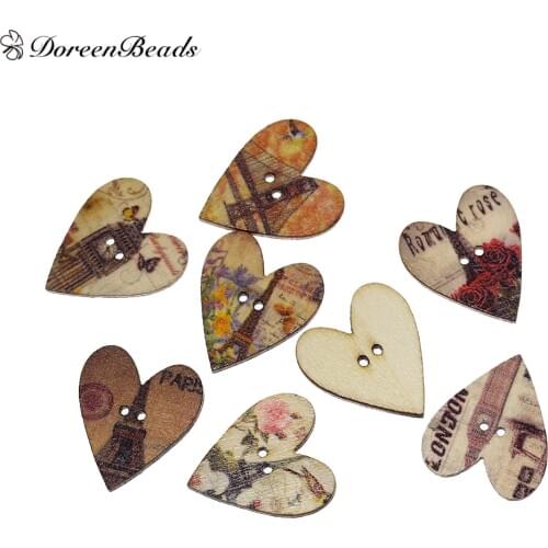 DoreenBeads Wood Sewing Buttons Scrapbooking Heart At Random 2 Holes Tower Building Pattern 28mm(1 1/8") x 25mm(1"), 10 PCs