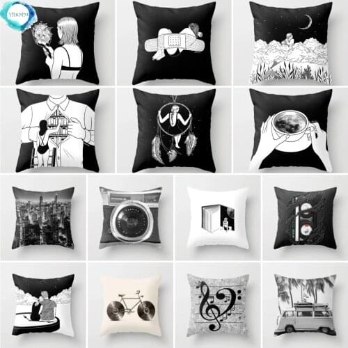 Classical Black and White Cushion Cover Polyester Cartoon Throw Pillow Cover Decorative 45x45cm Couch Pillows Fashion Pillowcase