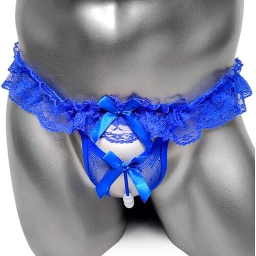 Ruffles Lace Sissy Thong Panties Sexy Underwear Penis Hole With Bow Front Crotchless Gay Male G String Underpants Breathable