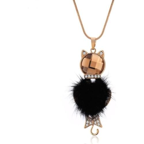 Cute Cat Pendant Necklace For Women Crystal Black Fur Pom Pom Ball Long Sweater Necklaces Fashion Jewelry Party Wedding Gift New