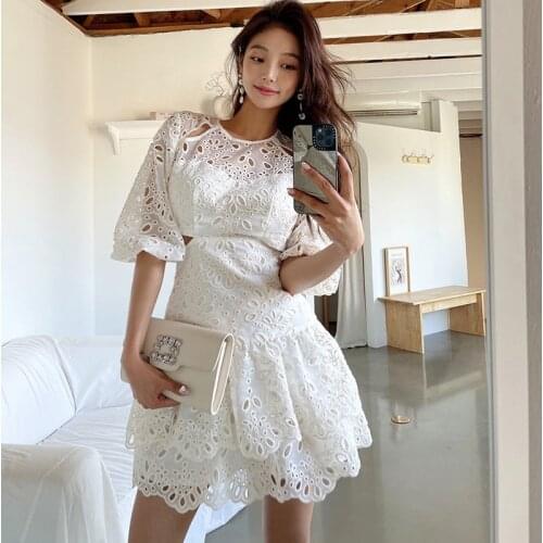 Fashion Korean Summer Vintage Embroidery Bodycon Mini Dress Ladies Elegant Casual Lantern Sleeve Hollow Beach Vacation Dress