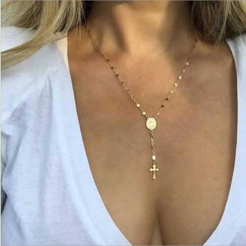 Fashion necklace Virgin Mary Madonna Oval-shaped Cross pendant Gold silver plated metal chain