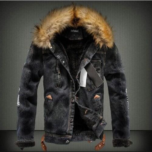 New Men Winter Fur collar Denim jacket Plus velvet lining Thick warm hooded Casual coat Mens Large size jeans outerwear clothing