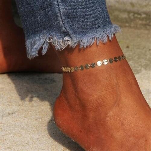 2021 New Simple Gold Color Sequins Chain Anklets Bohemian Vintage Footwear Summer Ocean Beach Ankle Bracelet Foot Jewelry sales