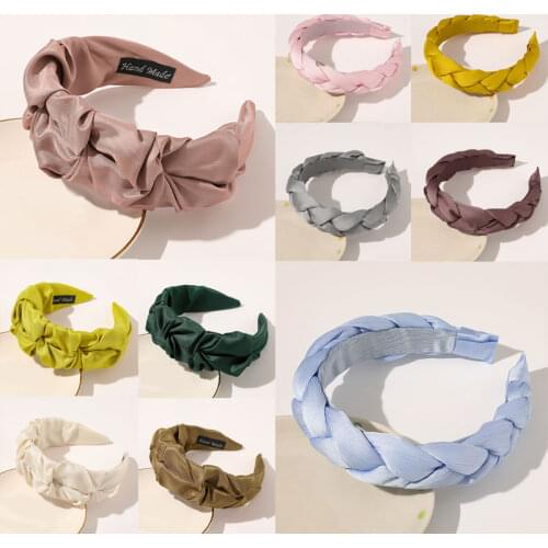 Solid Color Women Headband Fashion Satin Twist Braid Headband Wide Wrinkled Head Hoop Vintage Hairband Turban Hair Accessories