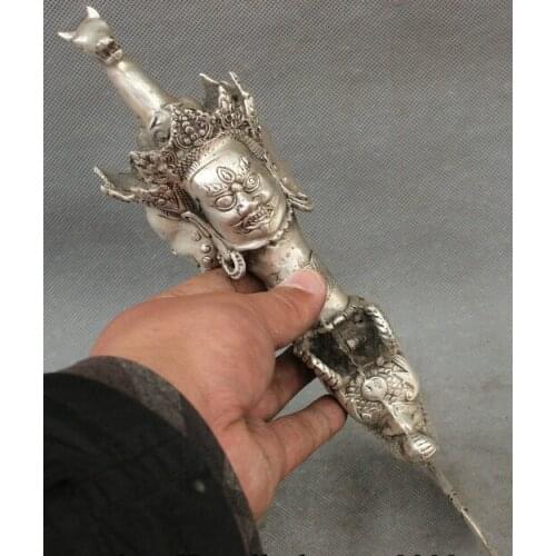 Wholesale factory 11" Tibet Silver Folk Mahakala Buddha Head Statue Phurpa Talismans Dragon Dagge