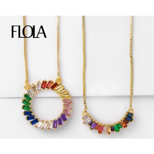 FLOLA CZ Rainbow Necklace Woman Long Chain Zirconia Necklace Stone Rainbow Jewelry Arcoiris Collar Gold Pendant Necklace nkep17