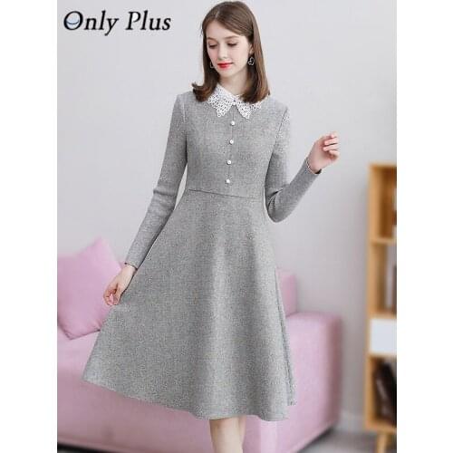 Only Plus Winter Woolen Vintage Grey Dress A-Line Elegant Slim Lace Up Button Dresses Warm Office Lady Knee Female Vestidos