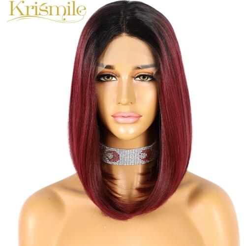 Krismile Synthetic Short Bob Yaki Lace Wigs Ombre Burgundy Red for Women Daily Cosplay Heat Resistant Fiber Summer Hair