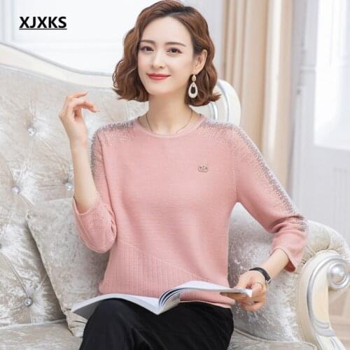 XJXKS Round neck three-quarter sleeve thin sweater women pullover 2021 fall new loose plus size women wool sweater