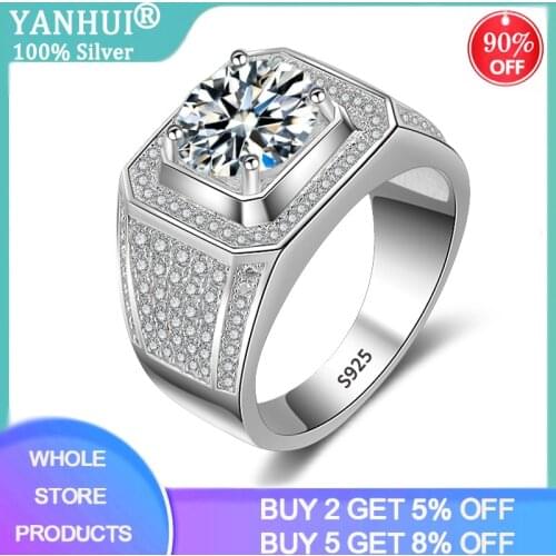 YANHUI Luxury Men 100% Original 925 Silver Rings Gift For Men High Quality Full Zirconia Stones Wedding Rings Men Jewelry R225