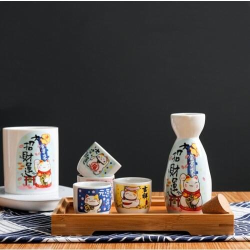 Japanese Ceramic Lucky Cat Sake Wine Bottle Creative Maneki Neko Hip Flask Flagon Liquor Spirits Wine Cup Drinkware 5Pcs/Set