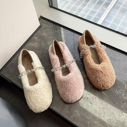 MEZEREON Women‘s Ballet Flats Green Color Fur Flat Shoes With Charms Slip On Warm Winter Shoes Without Heel Chaussure Femme