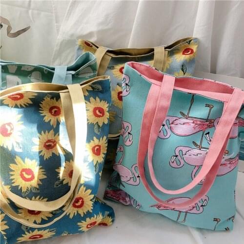 Women Cotton Canvas Handbags Sunflowers Flamingo Print Cloth Fabric Shopping Shoulder Bag Casual Grocery Tote For Girls