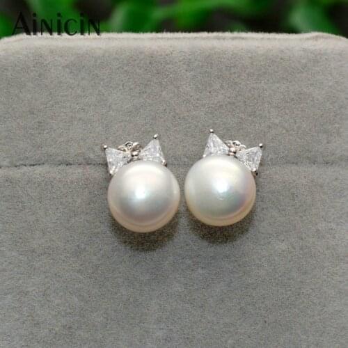 CZ Setting 925 Sterling Silver Natural Freshwater Pearl Cat Stud Earrings For Women Girls Gift Wedding Jewelry