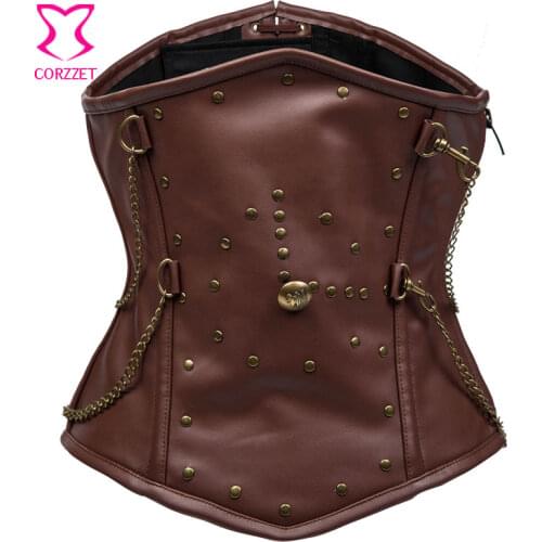 Corzzet Brown Leather Waistcoat Steampunk Corset Underbust Waist Slimming Corsets for Men Fajas Fajas Reductoras Para Hombres