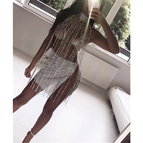 Sexy nightclub diamond exaggerated long fringed bib vest club backless gold sequins party womens vest camisole LBZ669