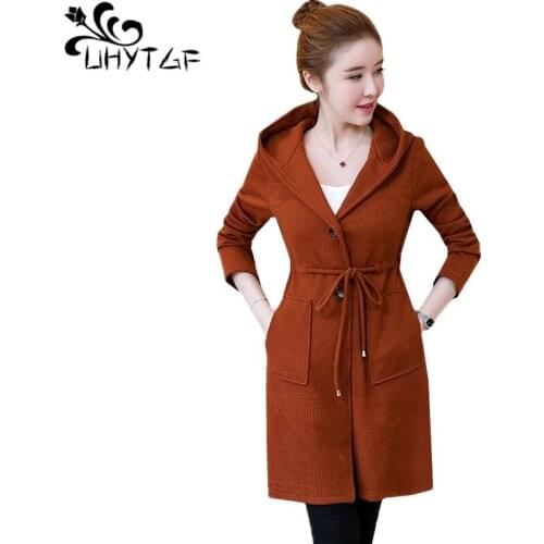 UHYTGF Casual knit cardigan sweater coat women Fashion hooded spring autumn sweater coats Long sleeve Cardigan plus size top 464