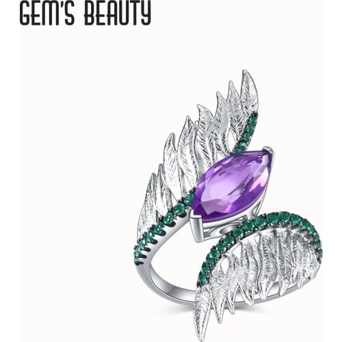 Gems Beauty 925 Sterling Silver Women Rings Jewelry For Women Feather Amethyst Angels Wing Original Handmade Accessories Gift