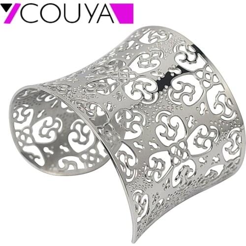 2017 New Fashion Silver Color Carved Wide Opened Cuff Bracelets & Bangles Stainless Steel Ladies Bangles Jewelry & Accessories