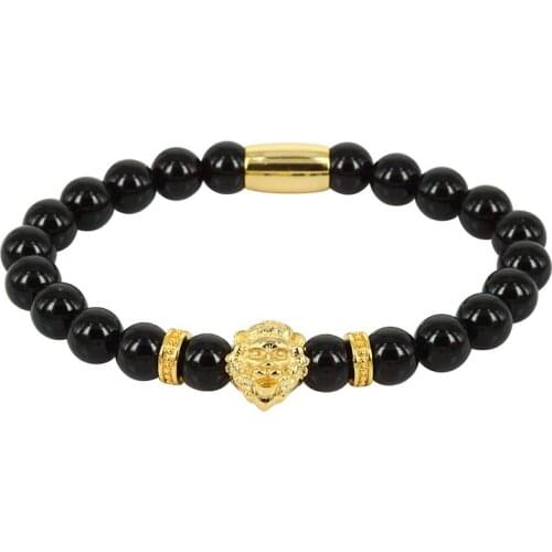 2018 New Design Arrival Charm Jewelry Bracelets 8mm Matte Onyx Stone Beads High Quality Plated Lion Head Men Bracelet