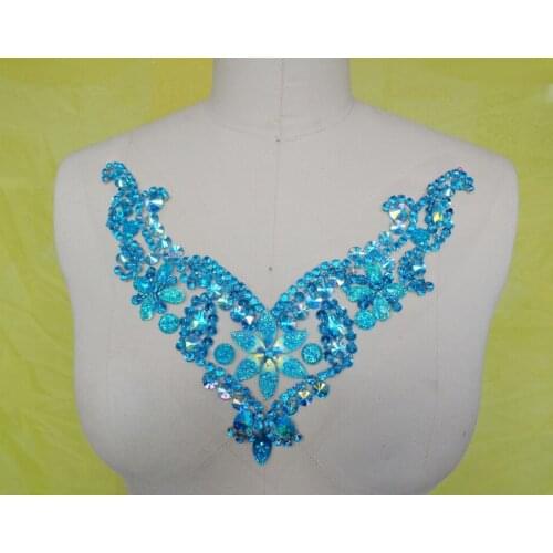 A182 Handmade crystal patches Light bluesew on Rhinestones applique with stones sequins beads 25*20cm for top dress