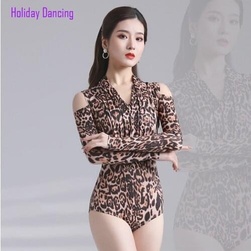 2021 New L2122 Women Latin Dance Bodysuit Shoulder Hole Leopard Latin Dancing Tops for Samba Tango Chacha Belly Performamnce