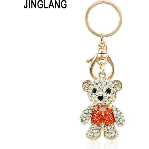 JINGLANG Gold Color Animal Lobster Clasp Keyring Dangle Crystal Bear Charms Keychains For Women Handbag Luxury Jewelry