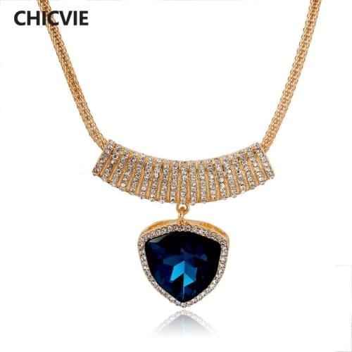 CHICVIE Blue Crystal Love Heart Necklaces & Pendants For Women Girl Gold Statement Accessories Ethnic Jewelry Necklace SNE150841