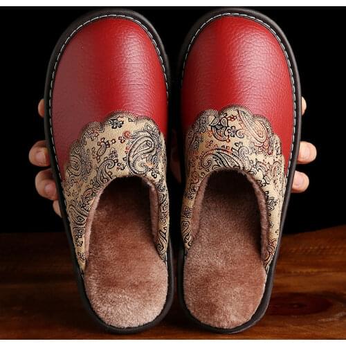 Home Leather Slippers Men and Women Couple Indoor Home Non-Slip Thick Bottom Fleece-Lined Thermal Wooden Floor Cotton Slippers