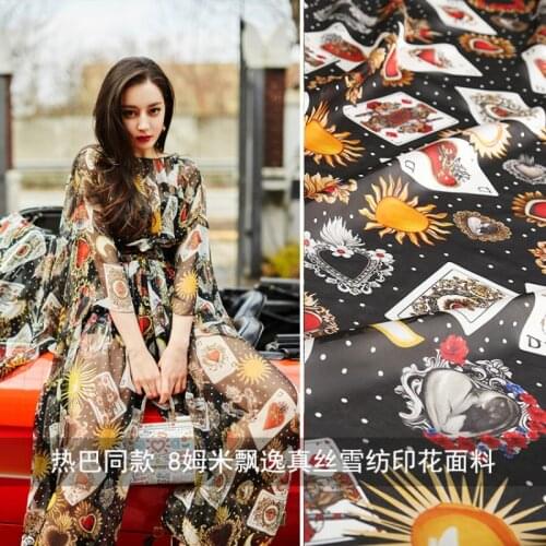 Italian Brand D Printed Playing Card Pattern Fabric 100% Polyester Chiffon Thin See-through Clothing Fashion Cloth Per Meter