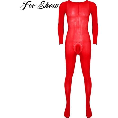 Men Bulge Pouch Stretchy Bodystockings Transparent Bodysuits Sissy Catsuit Solid Color Long Sleeve Bodysuit Underwear Nightwear
