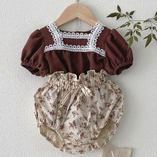 Floral Girls Clothing Set Summer Kids Short Puff Sleeve Lace Shirt+Pp Pants Suit for Toddler Girls Designer Clothing Children