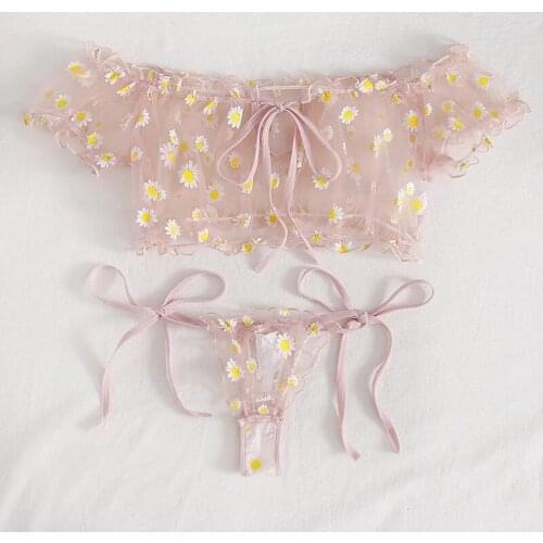 2Pcs Women Lingerie Suit Sexy Sheer Floral Print Off-Shoulder Perspective Mesh Crop Top Tie-Waist Thong-Panty for Date Night