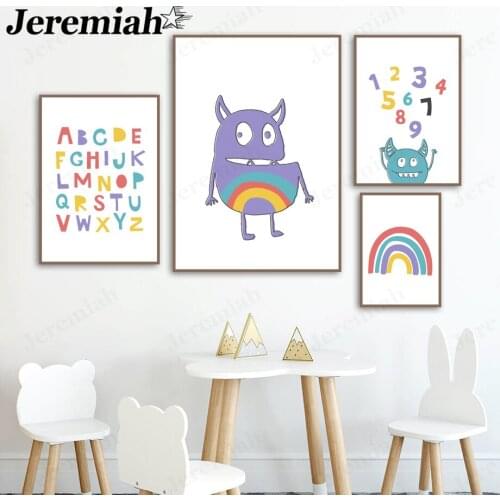 Cartoon Rainbow Canvas Painting Color Alphanumeric Poster Wall Art Nordic Childrens Room Home Decoration Accessories