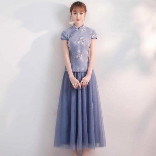 New Arrival Tea-length Lace Vintage Traditional Cheongsam Blue Bridesmaid Dresses Elegant Wedding Guest Dress For Wedding Party