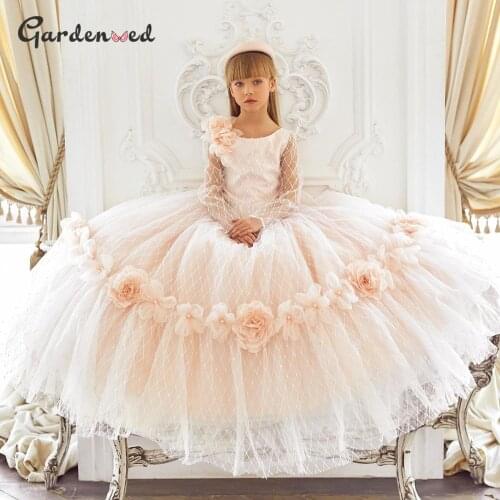 Flowers Tulle Princess Puffy Baby Wedding Party Dress Top Applique Kid Birthday Dress First Communion Gown Flower Girl Dresses